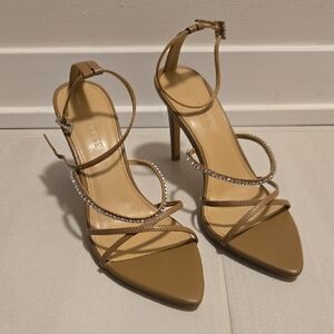 Villa Rouge Chic Tan Strappy Heels with Rhinestone Detail